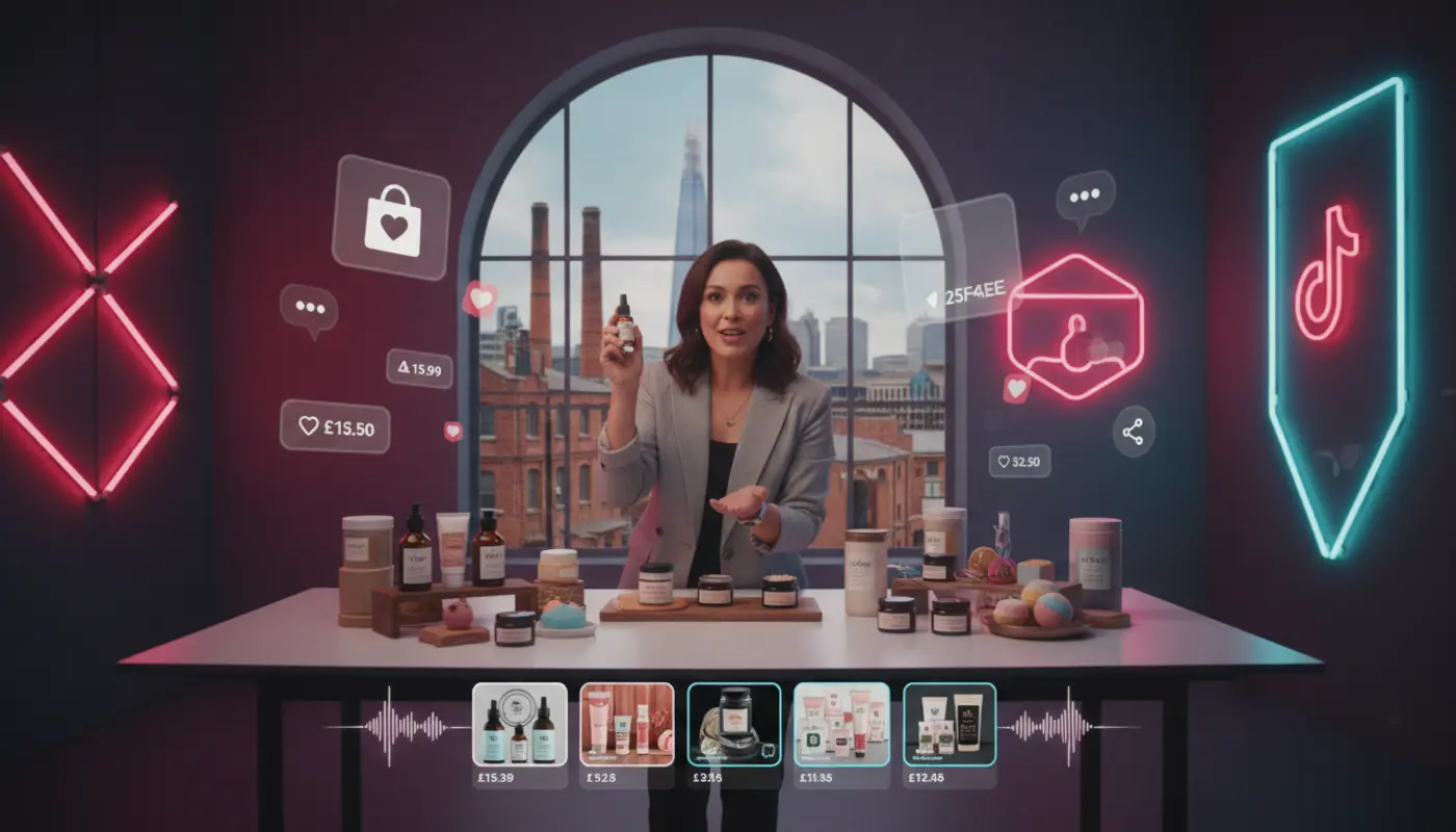 Bradford TikTok Shop seller presenting products in a UK studio with TikTok shopping icons and vibrant neon branding.