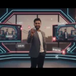 Creator presenting products in a Bristol TikTok Shop studio with floating UI icons and a vibrant UK social commerce atmosphere.