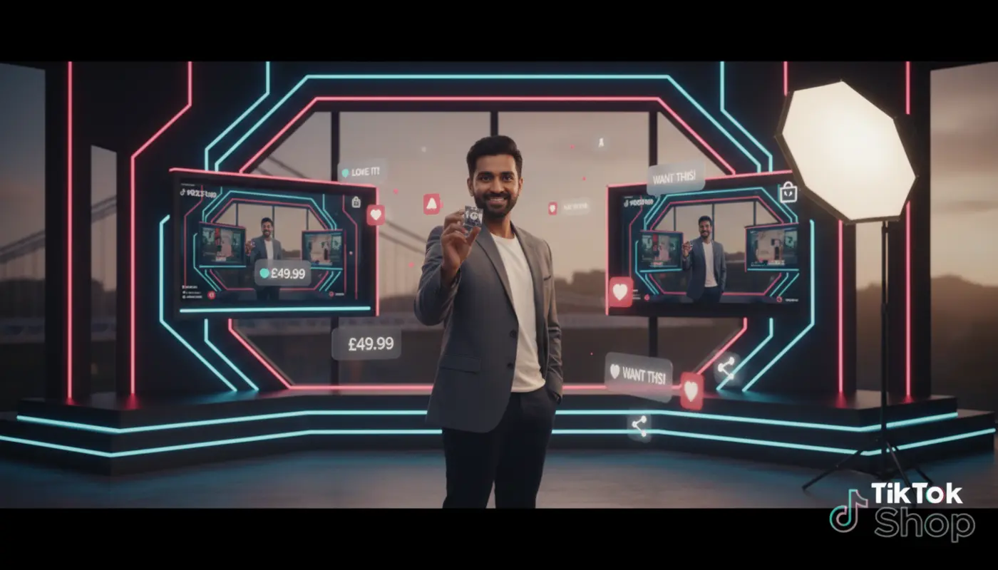 Creator presenting products in a Bristol TikTok Shop studio with floating UI icons and a vibrant UK social commerce atmosphere.