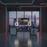 Modern UK TikTok studio with bright lighting and TikTok UI elements displayed on a vertical screen overlooking the London skyline.
