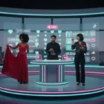 Creators in a Liverpool studio hosting a TikTok Shop live session with UK-themed UI elements and city skyline visible.