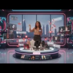 TikTok Shop live-selling studio in Nottingham with presenter, product cards and floating TikTok UI elements against a UK backdrop.