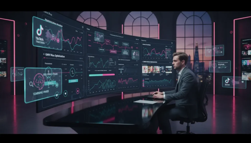 Cinematic UK TikTok Shop studio with analytics screens and TikTok UI icons showing ad diagnostics and optimisation visuals.