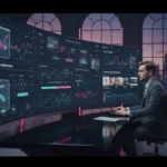 Cinematic UK TikTok Shop studio with analytics screens and TikTok UI icons showing ad diagnostics and optimisation visuals.