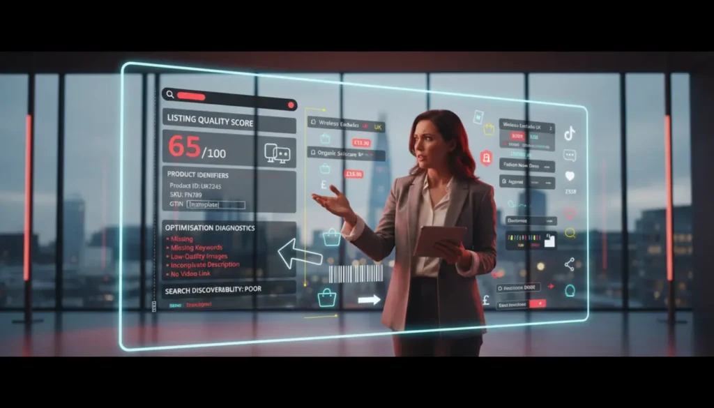 UK TikTok Shop seller in a London studio reviewing product search visibility with holographic TikTok-style search and shop icons.