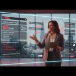 UK TikTok Shop seller in a London studio reviewing product search visibility with holographic TikTok-style search and shop icons.