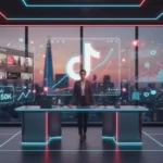 UK TikTok Shop studio scene with analytics visuals and London skyline, highlighting revenue growth themes.