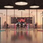 Shared TikTok LIVE studio in London with creators, pro lighting and live shopping UI, showing UK brands streaming together.