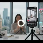 UK TikTok Shop creator filming product content in London studio with TikTok UI, posting schedule and rising engagement visuals.