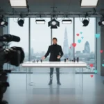 Professional TikTok LIVE studio in London with host selling products, showing TikTok UI, hearts and UK TikTok Shop elements.