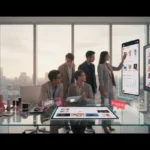 UK TikTok Shop team planning a content calendar in a London studio with sales metrics and TikTok UI overlays visible