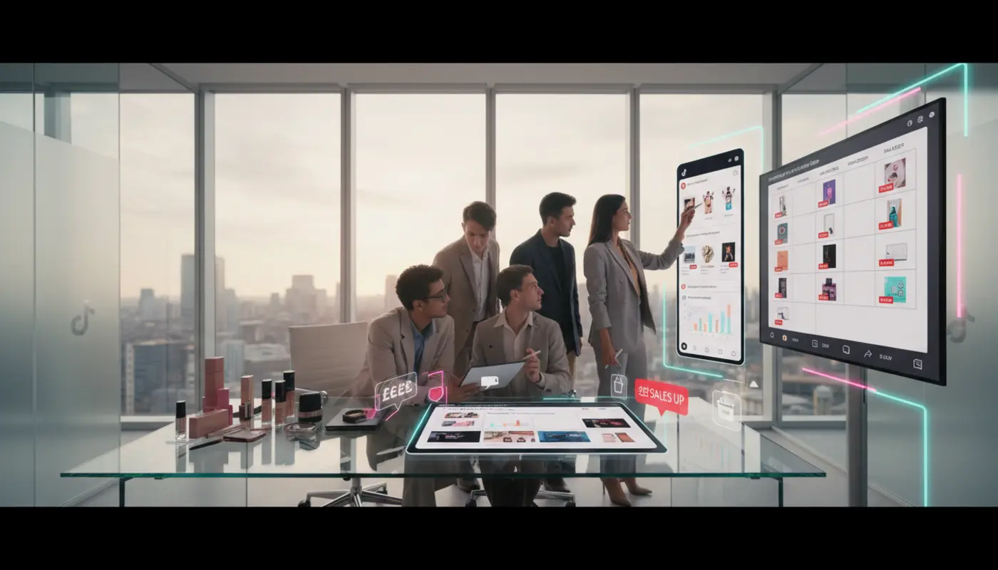 UK TikTok Shop team planning a content calendar in a London studio with sales metrics and TikTok UI overlays visible