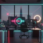 Vibrant UK TikTok studio with neon accents and TikTok UI elements floating over a modern creator workspace.