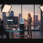 UK TikTok LIVE studio with host and moderator managing fast comments, featuring TikTok UI overlays and London skyline backdrop.