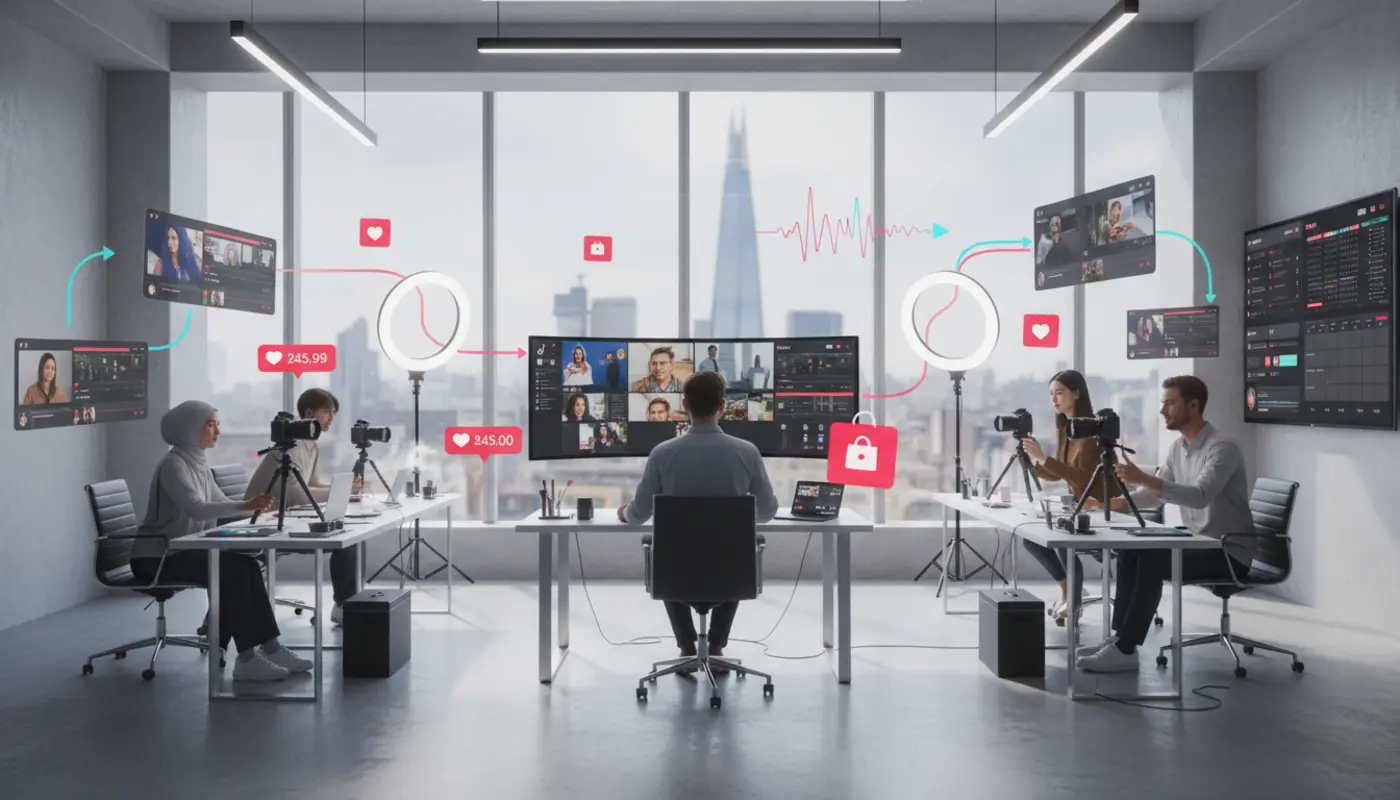 London studio with creators producing TikTok Shop videos at scale, overlaid with TikTok UI, shop icons and £ pricing.