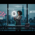 UK TikTok studio with London skyline and creator filming, overlaid with For You Page icons and analytics in a bright cinematic setup.