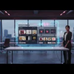 UK seller in a TikTok Shop studio reviewing product image ads with TikTok UI elements and a London skyline backdrop.