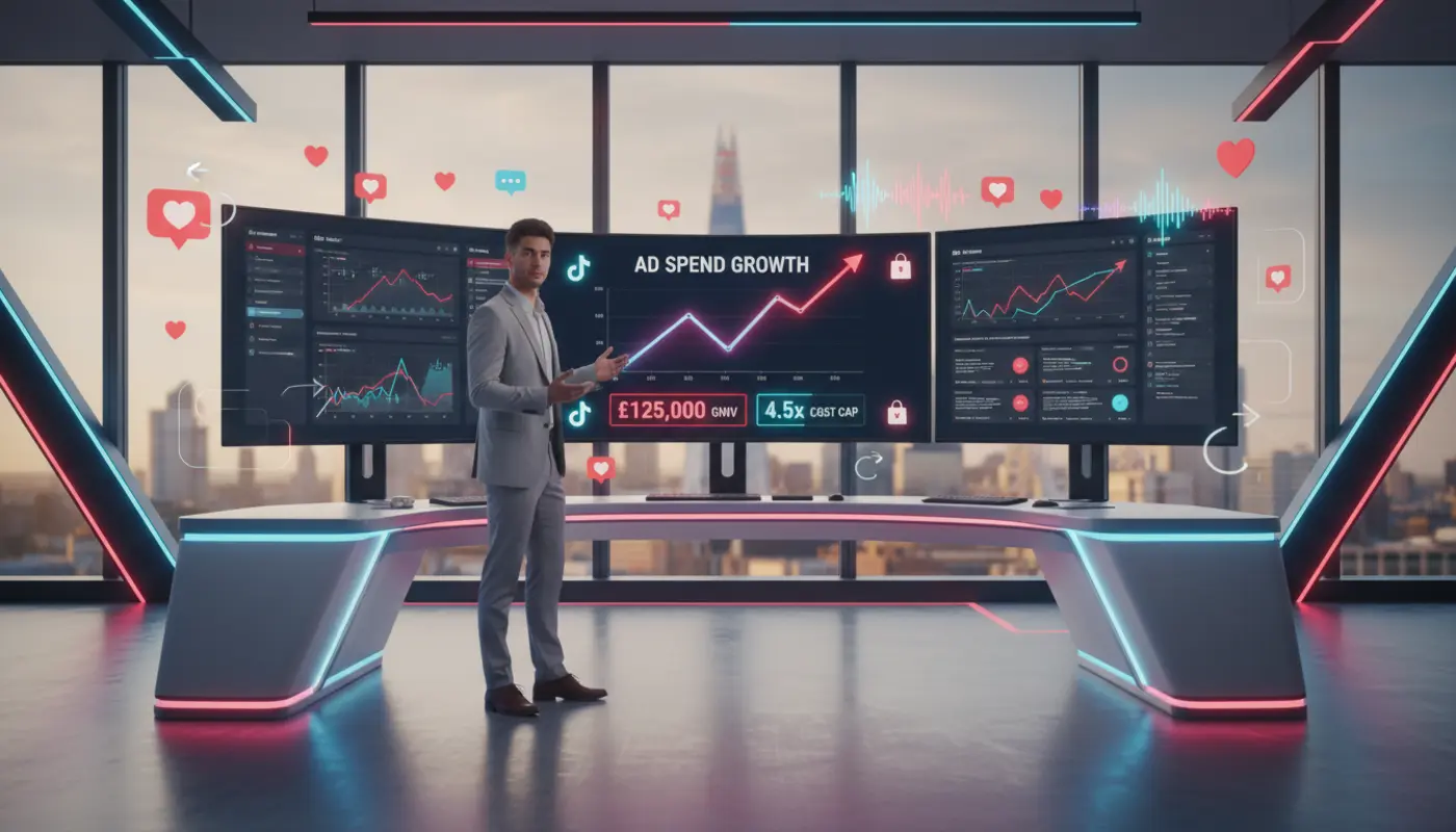 Creator in a London TikTok Shop studio reviewing ROAS and ad spend charts with vibrant TikTok UI elements.
