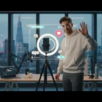 UK TikTok creator filming in a London studio with TikTok UI overlays and skyline, bright professional setup and modern aesthetic