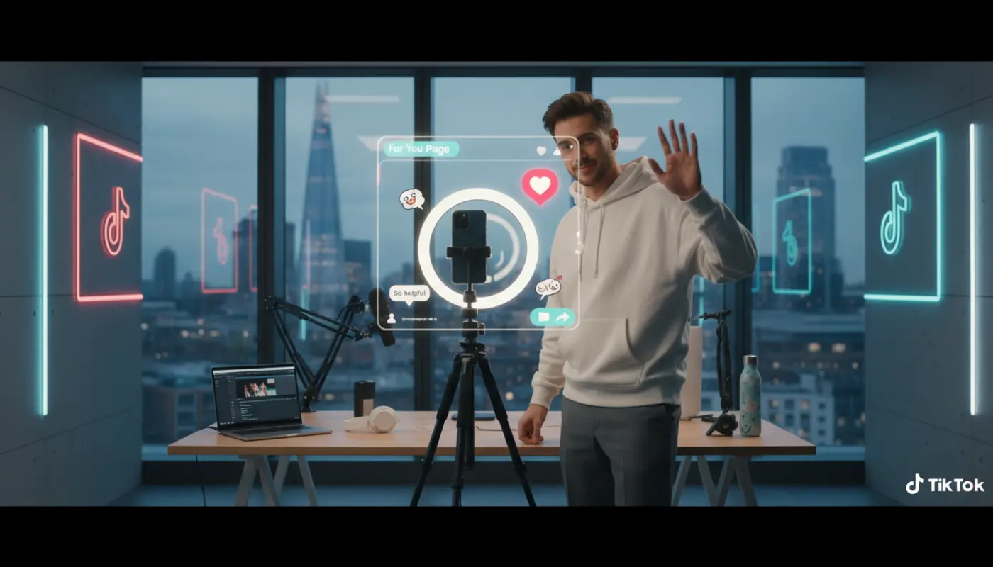 UK TikTok creator filming in a London studio with TikTok UI overlays and skyline, bright professional setup and modern aesthetic