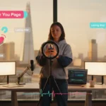 UK TikTok studio setup with London skyline and on-screen TikTok UI, creator filming content in a bright professional space.