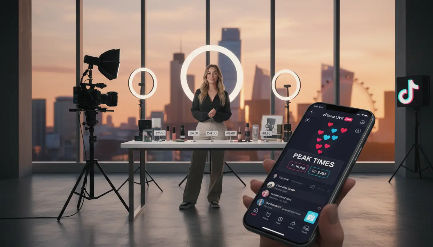 UK TikTok Shop creator going LIVE in a London studio with visible TikTok interface, hearts, and peak time overlays.