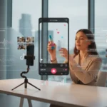 UK TikTok Shop studio scene showing creator filming product content with TikTok UI overlays and London skyline backdrop.