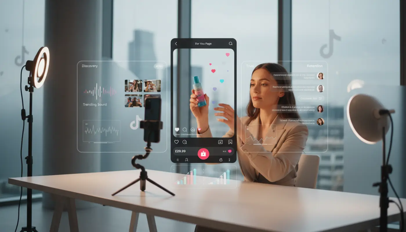 UK TikTok Shop studio scene showing creator filming product content with TikTok UI overlays and London skyline backdrop.