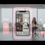 London TikTok Shop studio showing creator filming product demo with UI overlays, highlighting views vs sales conversion