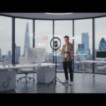 UK TikTok creator filming in a London studio with TikTok UI overlays and skyline backdrop, showcasing a professional content setup.