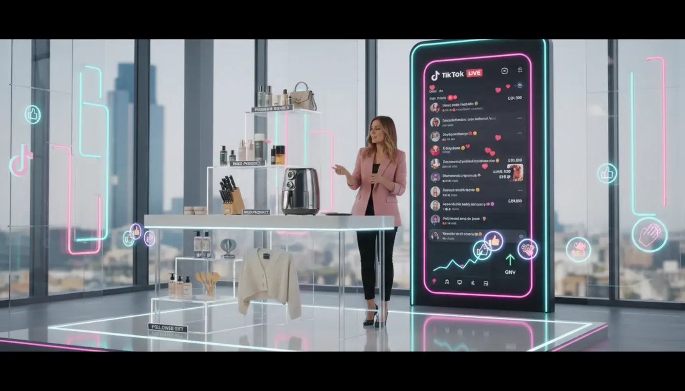 TikTok LIVE shopping studio in London with host showcasing products, visible UK pricing and interactive TikTok Shop UI elements.