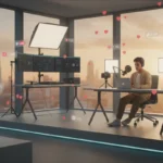 TikTok LIVE studio setups in a London setting, showing phone, pro camera and broadcast gear with TikTok UI overlays and UK context.