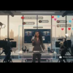Professional TikTok LIVE studio in London with host selling products, visible TikTok UI, cameras and £ pricing overlays.