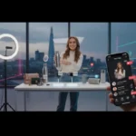 UK TikTok Shop creator in London studio showcasing products with on-screen TikTok UI and £ pricing, vibrant professional setup.