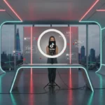 UK TikTok creator filming in a modern London studio with vibrant TikTok UI elements glowing around the setup.