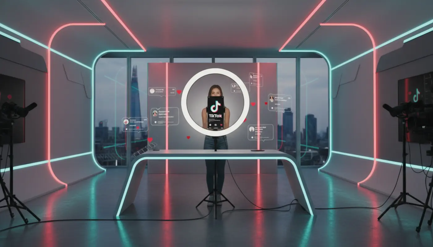 UK TikTok creator filming in a modern London studio with vibrant TikTok UI elements glowing around the setup.