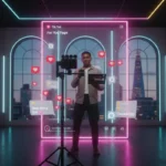 Creator filming TikTok Shop ad content in a London studio with vibrant TikTok UI elements and £ product tags.