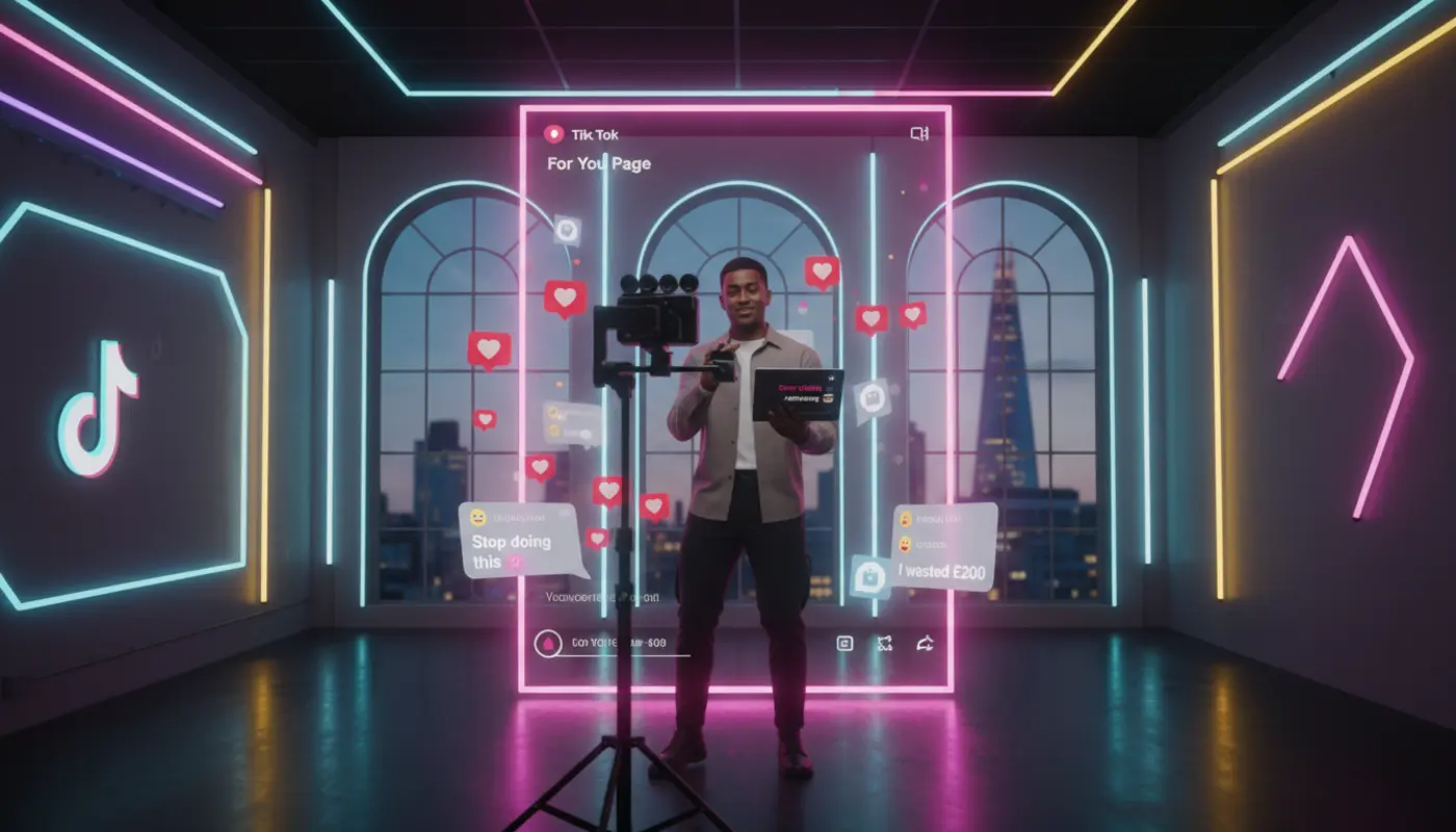 Creator filming TikTok Shop ad content in a London studio with vibrant TikTok UI elements and £ product tags.