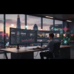 Premium UK TikTok Shop studio with London skyline and TikTok dashboards showing GMV and ROAS analytics.