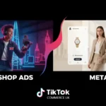 Dynamic TikTok Shop studio scene in London comparing TikTok and Meta ad styles with bright UI elements and ecommerce visuals.
