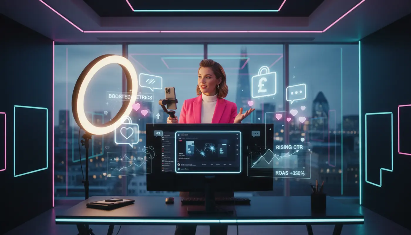 Creator filming TikTok Shop content in a London studio with floating engagement icons and vibrant TikTok-style lighting.