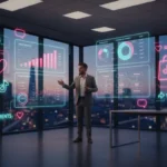 Creator in a UK TikTok Shop studio reviewing audience data with TikTok-style UI overlays and a London skyline backdrop.