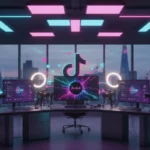 Modern UK TikTok studio setup with glowing TikTok UI elements and London skyline in the background.