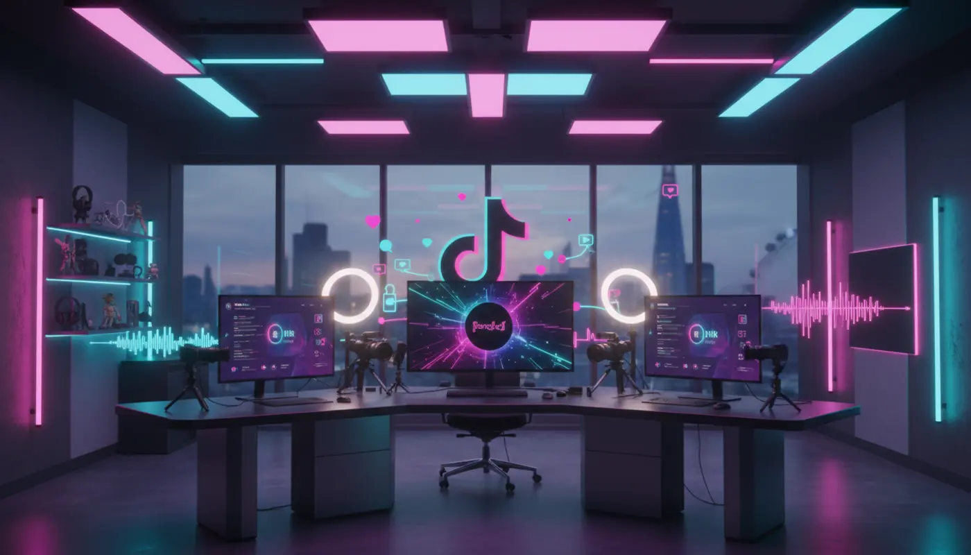Modern UK TikTok studio setup with glowing TikTok UI elements and London skyline in the background.