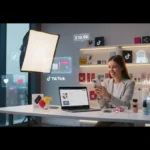 Modern Cardiff studio with TikTok Shop UI overlays and a UK seller preparing products in a vibrant, cinematic workspace.