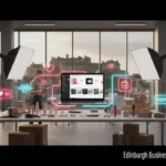 Creator workspace in a bright Edinburgh studio with TikTok Shop elements, UK £ pricing and Edinburgh skyline in view.