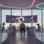 Creator filming in a bright London TikTok studio with floating TikTok UI elements and neon brand lighting.