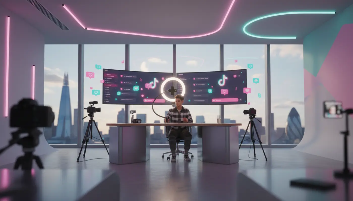 Creator filming in a bright London TikTok studio with floating TikTok UI elements and neon brand lighting.