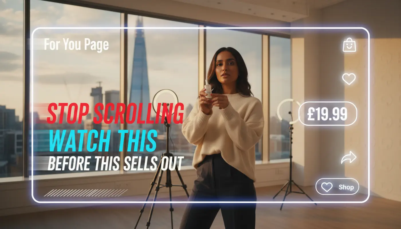 UK TikTok Shop creator filming viral hook content in London studio with on-screen UI, hearts and £ pricing driving sales