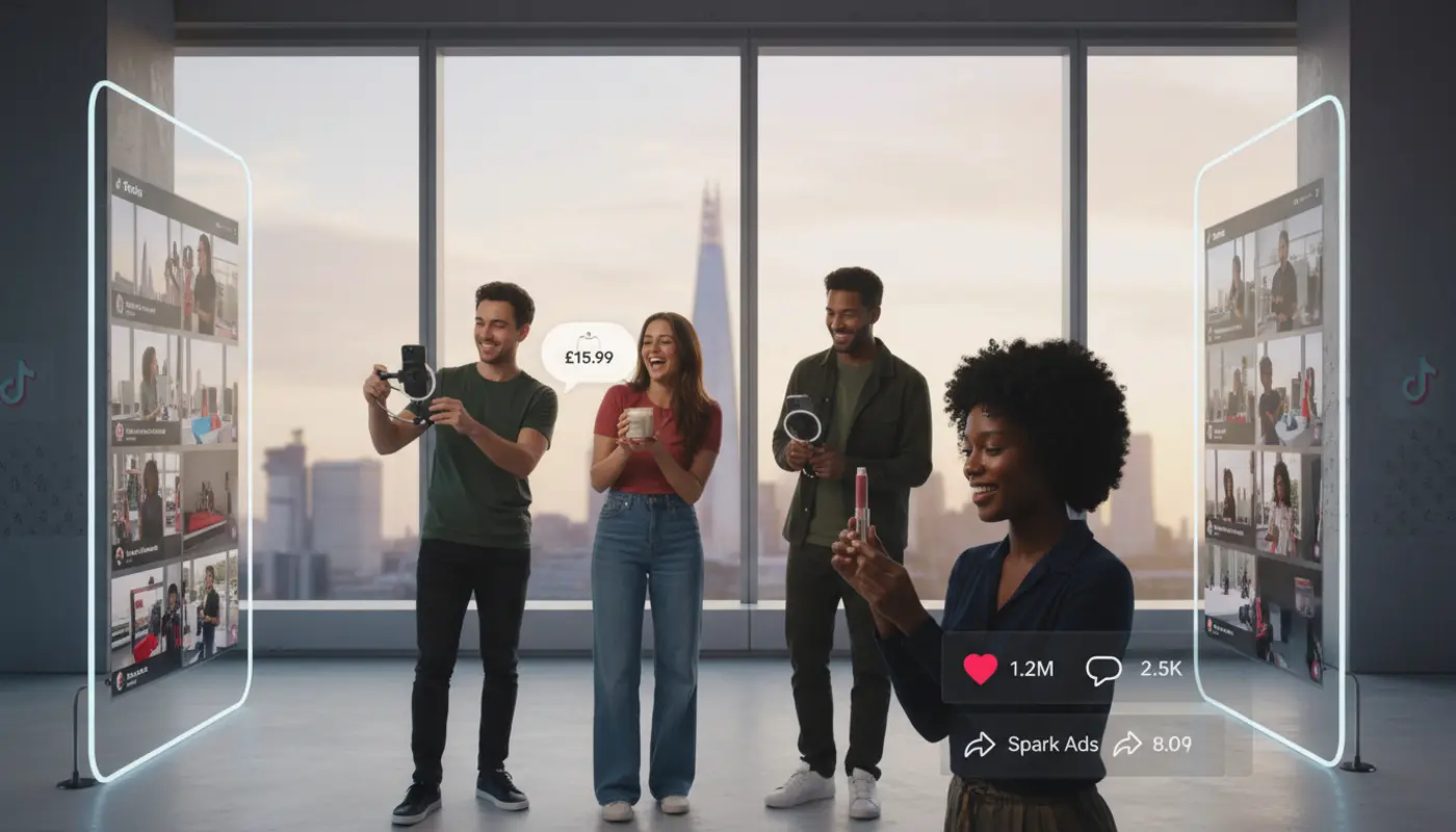 TikTok Shop UGC creators filming products in a London studio with UI overlays, showcasing UK eCommerce strategy